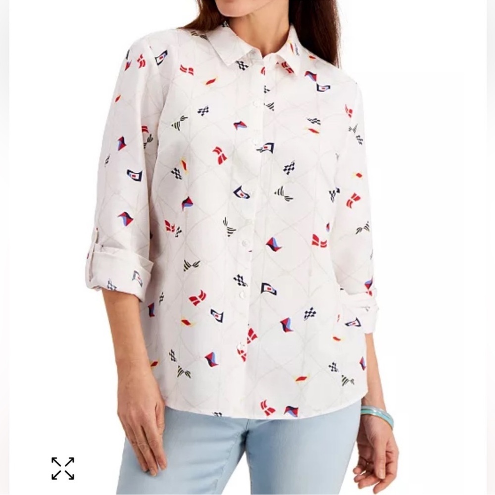 Charter Club Linen Nautical-Print Button Up Flag Print Blouse Button Up Shirt